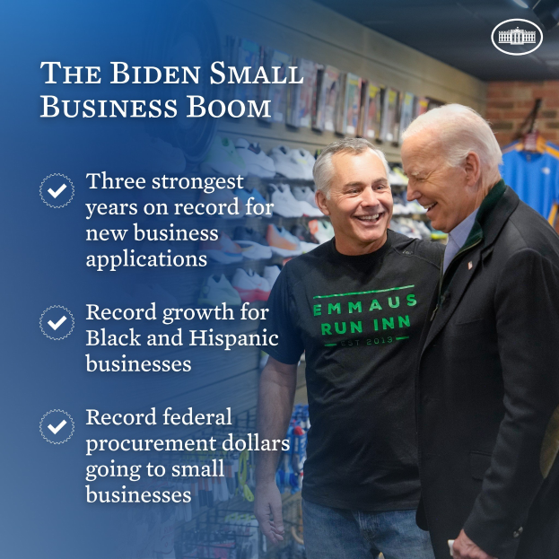 Zwei Männer, die lächeln und eine Person, die ein Objekt hält, mit dem Text "The Biden Small Business Boom" und Kleidung im Hintergrund.