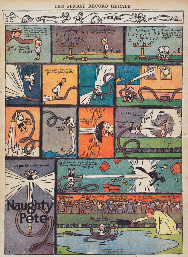 Zeichnung eines Mannes in Anzug und Krawatte in einem Comicstrip umgeben von Text.