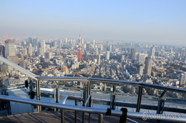 Luftbild einer Stadt mit Gebäuden, einem Fluss, einem Metallstabzaun im Vordergrund und Text unten.
