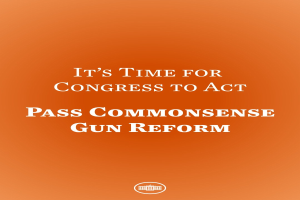 Plakat mit fetter schwarzer Schrift "Es ist an der Zeit, dass der Kongress handelt, indem er vernünftige Waffengesetzreformen verabschiedet" auf einem orangen Hintergrund.