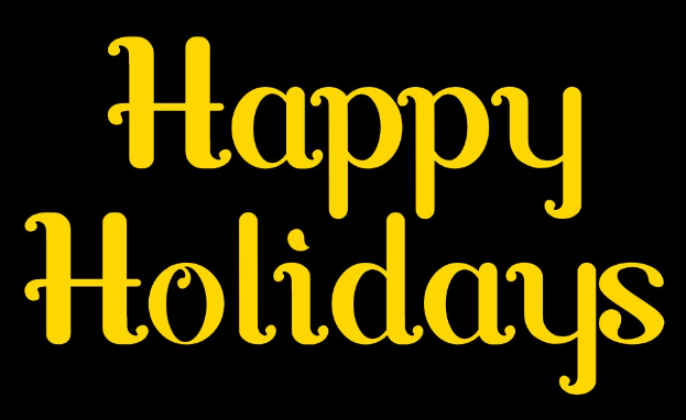 Ein weißer Hintergrund mit den gelben Worten "Fröhliche Feiertage".