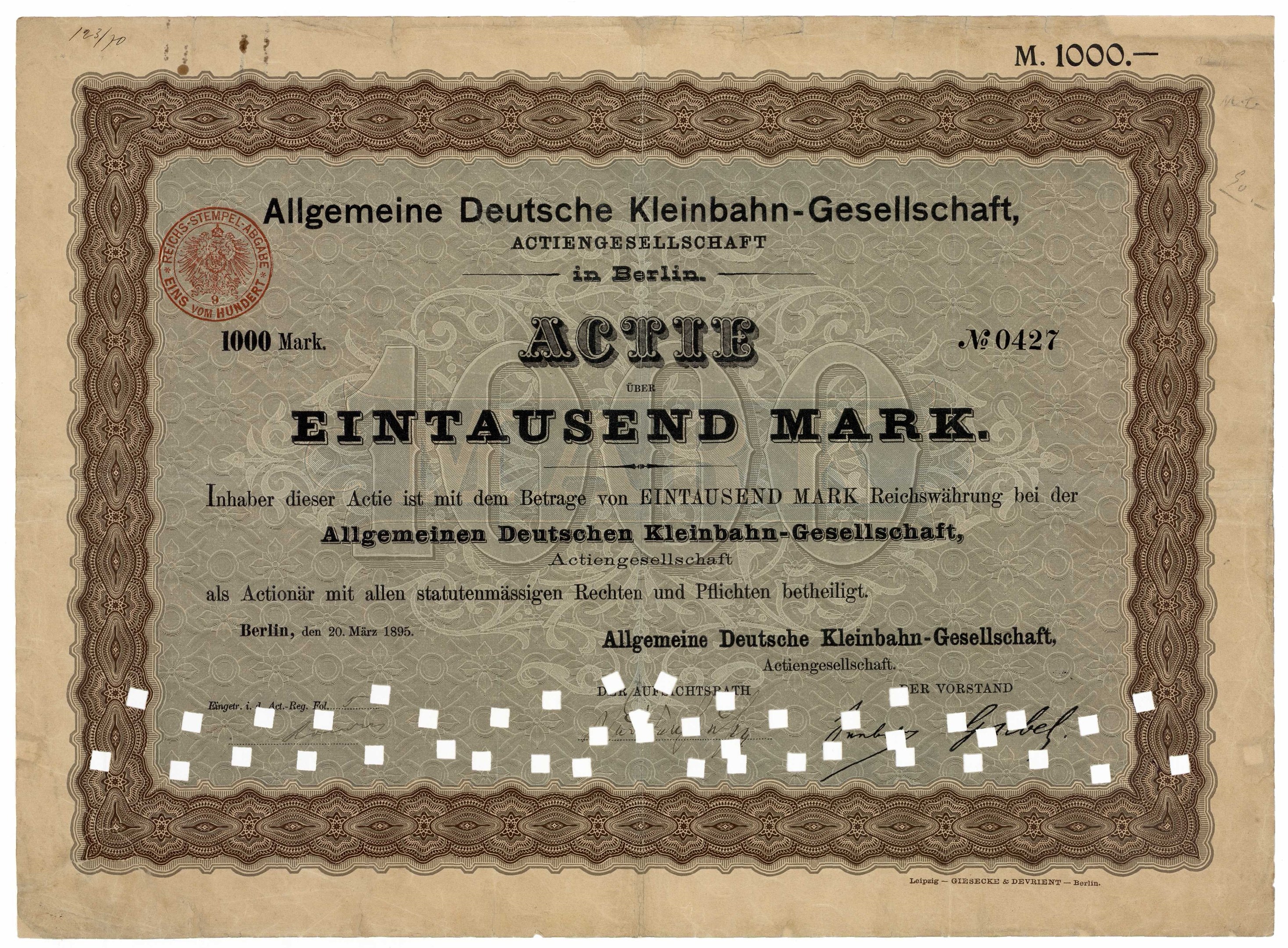 Altes deutsches Regierungsanleihe-Zertifikat mit gedrucktem Text und einem offiziellen Stempel.