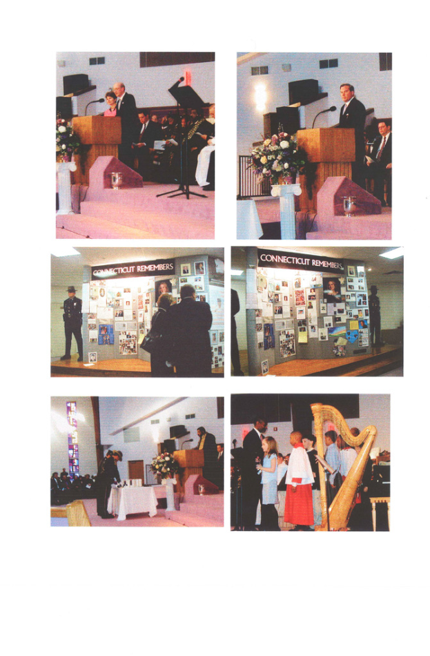 Ein Collage aus sechs Bildern, die einen Mann zeigen, der an einem Rednerpult mit Mikrofon steht, einen Blumentopf, Menschen, die auf Stühlen sitzen, eine Anschlagtafel mit Plakaten, drei stehende Personen, einen Tisch mit einer Blumenvase und ein Musikinstrument.