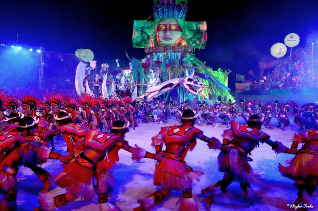 Eine Gruppe von Menschen in bunten Kostümen tanzt auf einer Bühne vor einem sitzenden Publikum, mit Lichtern, Pfählen und Luftballons und einem Bildschirm mit einer Person im Hintergrund, während des Karnevals in Rio de Janeiro 2014.