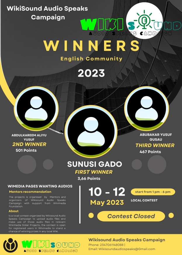 Ein buntes Plakat mit einem blauen Hintergrund und gelben und weißen Buchstaben in Fettschrift, die das Wort 'Gewinner' bilden, und lachenden Menschen in der Mitte.