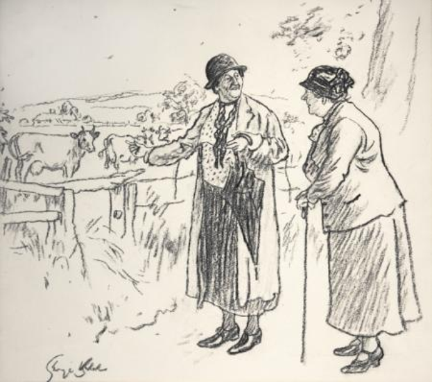 Ein Mann und eine Frau stehen Seite an Seite auf einem Feld, der Mann hält einen Stock; im Hintergrund sind Tiere, Bäume und ein Zaun zu sehen, und der Text "Die Farmerin des Bauern durch Sir Edward Burne-Jones" erscheint unten.