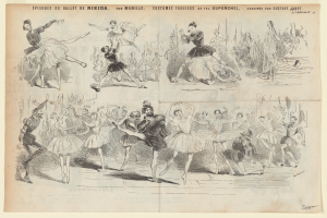 Eine Buchseite mit einer lebendigen Zeichnung einer Gruppe von Menschen, die im Einklang tanzen, mit begleitendem Text, der das Datum, die Uhrzeit und den Ort des Ereignisses beschreibt.