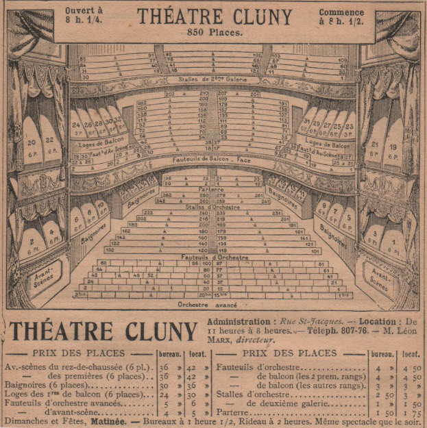 Eine Vintage-Zeitungsanzeige für das Theatre Cluny in Paris, die eine detaillierte Illustration des Auditoriumsitzplans zeigt.