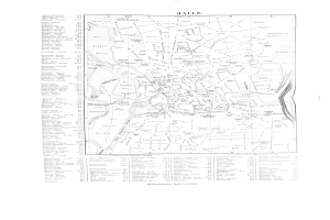 Schwarze und weiße Karte von Halle, Deutschland, mit detaillierten Textanmerkungen.