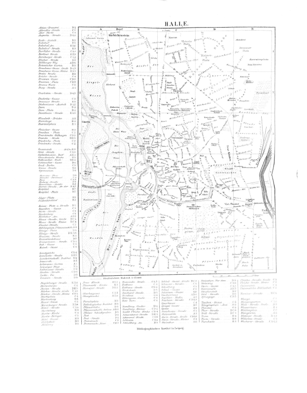 Schwarze und weiße Karte von Halle, Deutschland, mit detaillierten Textanmerkungen.
