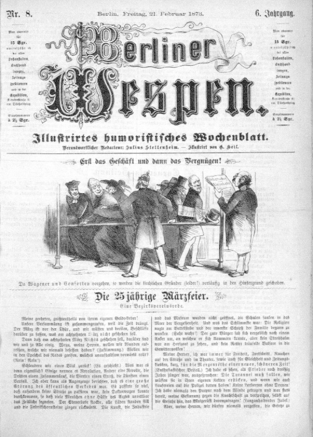 Alte deutsche Zeitung "Berliner Wespen" vom 21. Februar 1873 mit einer Gruppe von Menschen in traditioneller deutscher Kleidung, die sich unterhalten, und deutscher Text, der wahrscheinlich das Ereignis beschreibt.