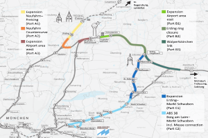 Eine detaillierte Karte einer Stadt mit einer hervorgehobenen Bahnroute von München nach Frankfurt, die Haltestellen, die Umgebung und Text mit Informationen zur Länge, Entfernung und Sehenswürdigkeiten der Bahn zeigt.