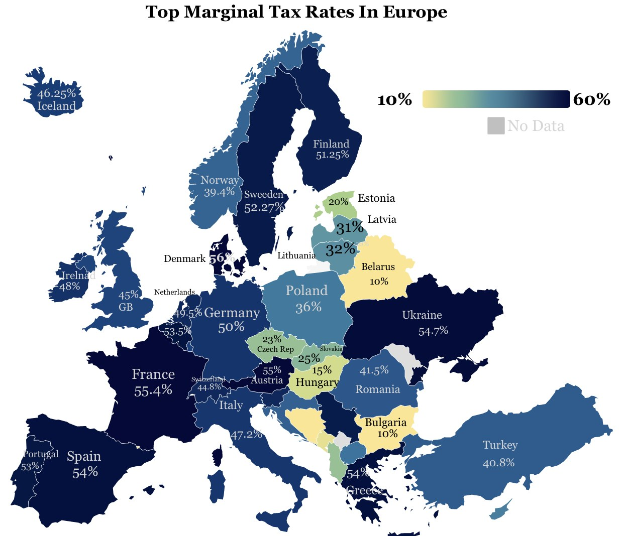 Eine Karte von Europa, die die Spitzensteuersätze nach Ländern anzeigt, mit der Überschrift "Spitzensteuersätze in Europa."
