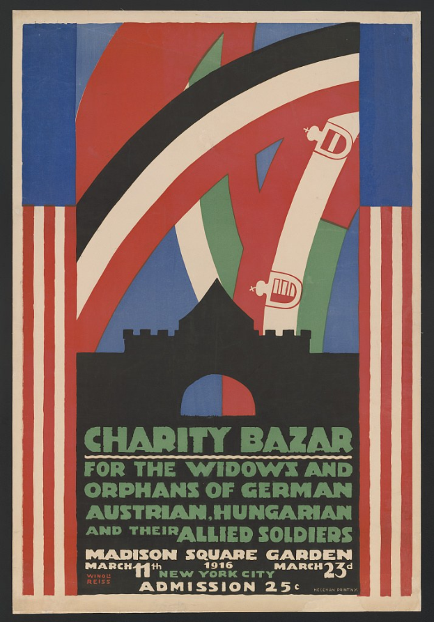 Charity-Bazar-Plakat für die Witwen und Waisen deutscher, australischer, ungarischer und alliierter Soldaten mit Text zur Veranstaltung.