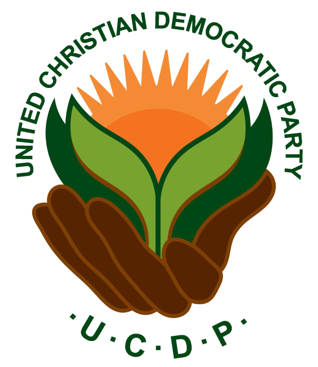 Logo der Vereinigte Christdemokratische Partei (UCDP): eine Hand, die eine leuchtend gelbe Blume mit grünem Stiel und Blättern hält, mittig in einem blauen und gelben Kreis auf einem weißen Hintergrund, mit der Schrift "UCDP" in fetter schwarzer Schrift darunter.