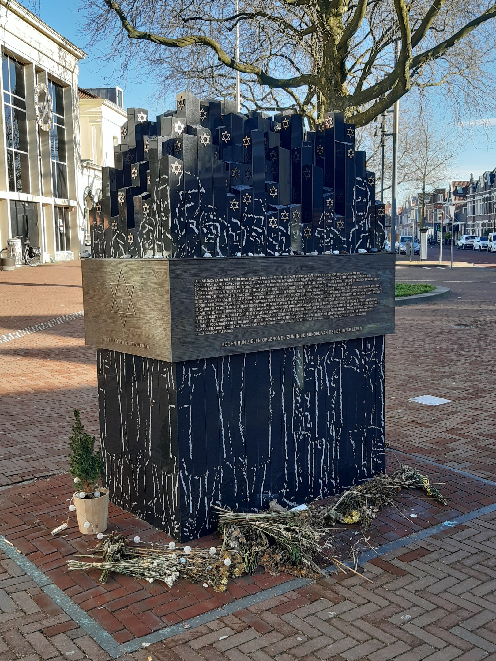 Denkmal für Holocaust-Opfer in einem Stadtplatz mit einem Baum davor, einem Topf mit einer Pflanze, verstreuten trockenen Blättern und Gebäuden im Hintergrund.