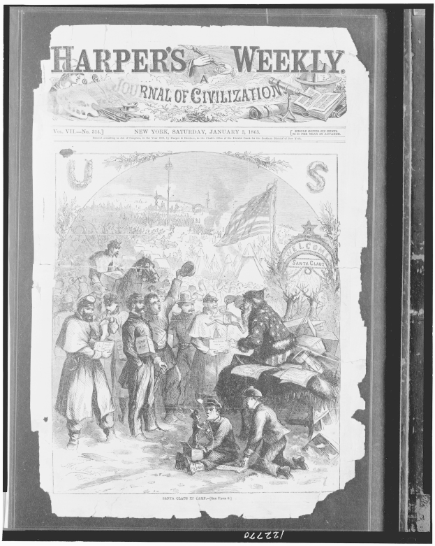 Schwarzes und weißes Bild von Menschen, die sich um eine Zeitung mit der Schlagzeile 'Harper's Weekly Journal of Civilization' versammeln