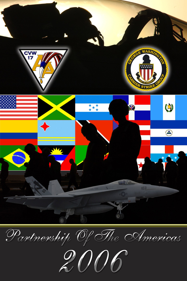 Ein Plakat mit einem Kampfjet in der Mitte, umgeben von Menschen und Flaggen, mit einem Flugzeug oben und dem Text "Partnership of the Americas 2006" unten.