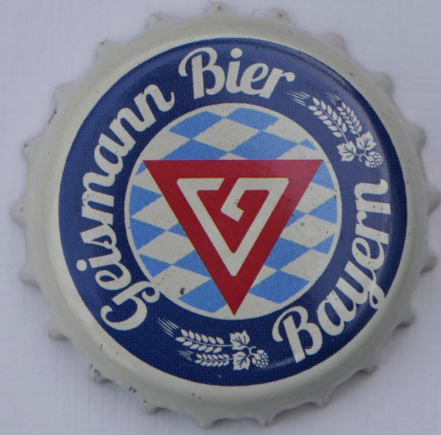 Eine Flaschenkappe mit einem blauen und weißen Karomuster und dem Text "Deutsches Bier".