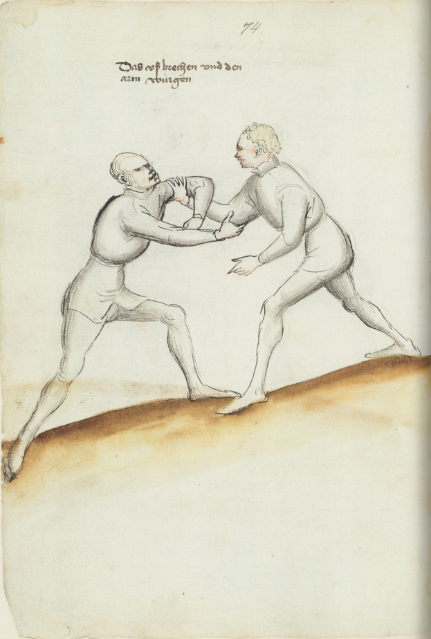 Zwei Männer in tätlicher Auseinandersetzung, einer wirft einen Schlag auf den anderen und steht auf Papier mit Text.