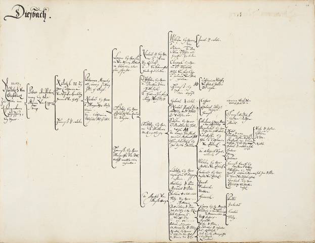 Offenes Buch mit handschriftlicher genealogischer Familienbaum-Darstellung einer deutschen Familie, gefüllt mit detaillierten Abstammungsinformationen.