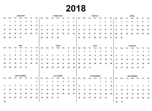 Ein schwarz-weißer 2018-Kalender, der die Feiertage der USA auf einem weißen Hintergrund anzeigt, mit Tagen, die in Wochen organisiert sind und Feiertage in fetter schwarzer Schrift.