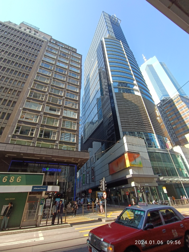 Roter Wagen auf einer von Hochhäusern gesäumten Stadtstraße mit Passanten auf dem Gehweg, Verkehrsampeln und Schildern unter einem sichtbaren Himmel.