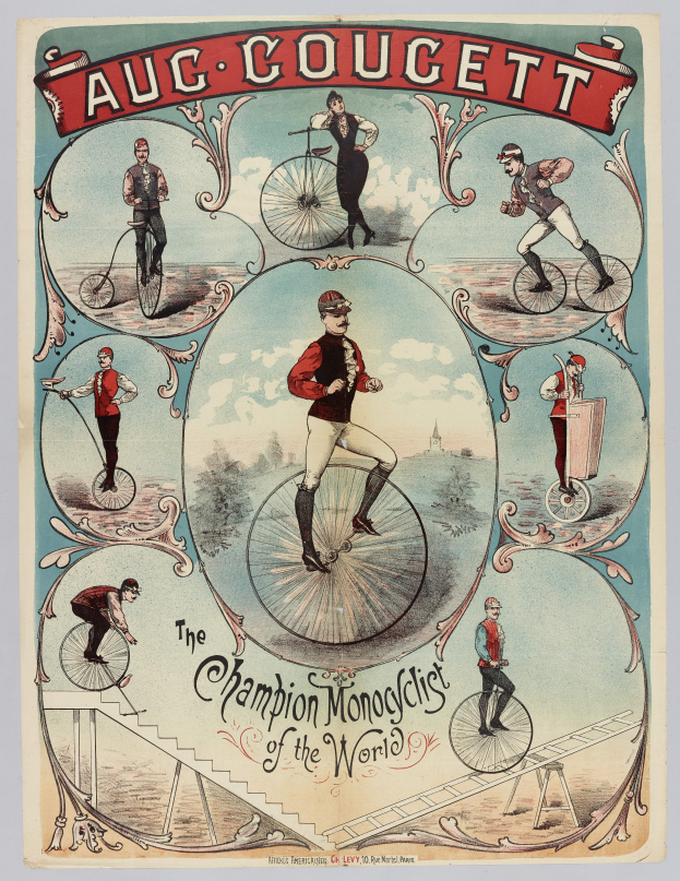 Ein Plakat bewirbt das Champion Monocycle of the World, auf dem eine Gruppe von Menschen auf Einrädern gegen einen hellblauen Himmel fährt, mit Text, der das Ereignis beschreibt.