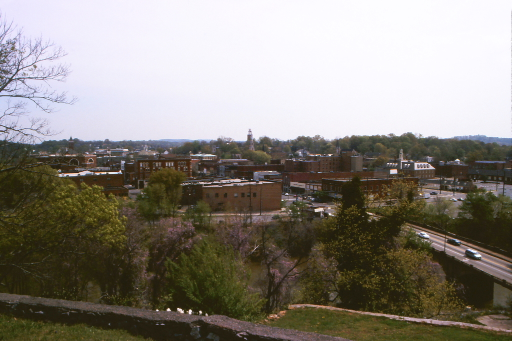 Eine Stadtansicht mit Gebäuden, Bäumen, Pfählen, Straßen, Fahrzeugen und einem Himmel.