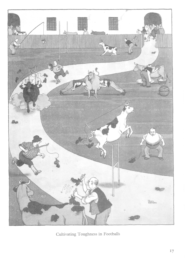 Schwarze und weiße Zeichnung von Menschen und Tieren auf einem Feld mit einer Wand und Fenstern im Hintergrund, darunter der Text "Zähigkeit im Fußball kultivieren".