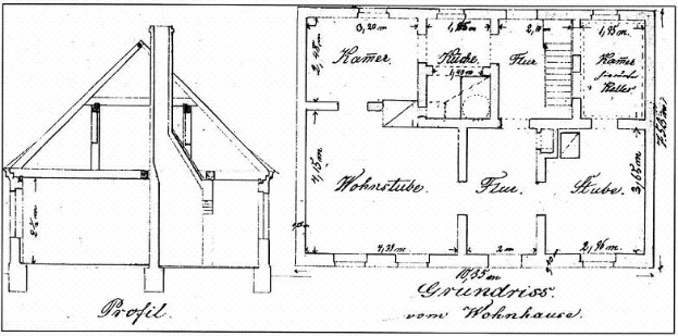 Eine Zeichnung eines Hauses mit zwei Grundrissen und Text, der das Layout detailliert, einschließlich Zimmeranzahl, Größen und Features, in Wohnhausen, Deutschland.