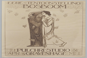 Ein Konzertplakat, das einen Mann in einem Anzug und eine Frau in einer Schürze zeigt, die Seite an Seite mit ernsten Gesichtern stehen, begleitet von Text, der das Ereignis beschreibt.