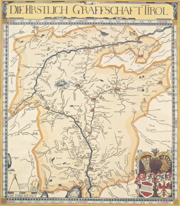 Ein detailliertes historisches Poster der ersten Grafschaft Tirol, das eine Karte mit geografischen Merkmalen wie Flüssen, Bergen und Städten sowie erklärendem Text zeigt.