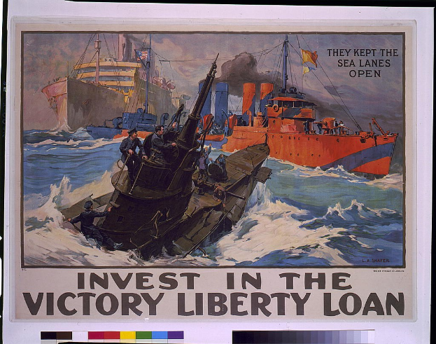 Plakat mit Booten auf dem Wasser und Menschen an Bord sowie der Text 'Investiere in das Sieg-Liberty-Anleihe'.
