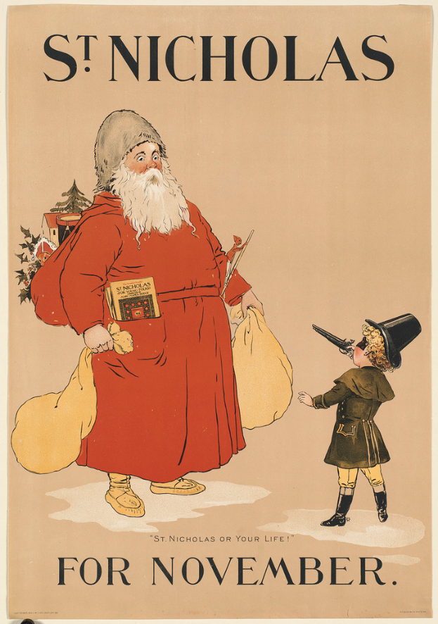 Das Cover des Buches "St. Nicholas für November" zeigt eine Illustration von Santa Claus und einem Kind.