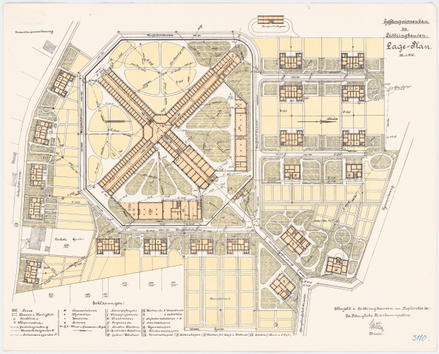 Ein detaillierter Stadtplan von Köln, Deutschland, mit einem Gebäudeentwurf und begleitendem Text auf Papier.