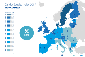 Eine Europakarte, die den Geschlechtergleichheitsindex von 2017 anzeigt, mit farblich kodierten Regionen nach Geschlechtergleichheitslevels und erklärendem Text auf der linken Seite.