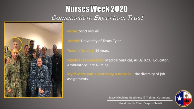 Eine Gruppe von Menschen, die auf der linken Seite lächeln, mit einer Wand und Decke im Hintergrund und dem Text "Nurses Week 2020: Mitgefühl, Expertise, Vertrauen" auf der rechten Seite mit einem Logo.