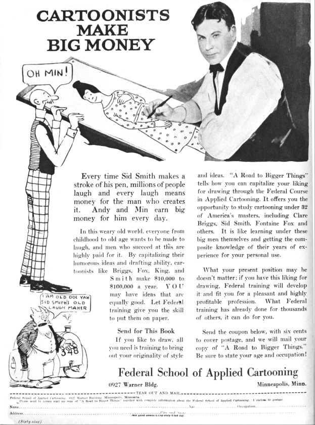 Anzeige für die Bundesakademie für Angewandte Karikatur, die einen Mann im Smoking zeigt, der von einer Frau im Kleid und einem weiteren Mann flankiert wird, mit der Aufschrift "Karikaturisten verdienen viel Geld."