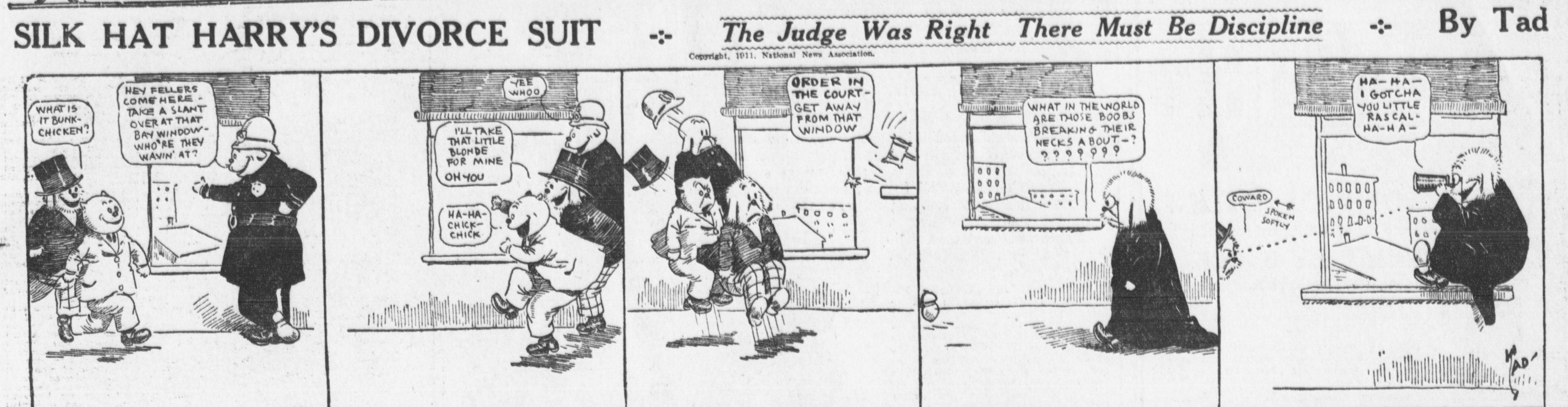 Cartoon-Illustration eines Mannes in einem schwarzen Anzug mit weißem Hemd und schwarzer Krawatte und einer Frau in einem eleganten Kleid mit schwarzem Schal, beide mit ernsten Gesichtern, beschriftet mit "Scheidungsklage."