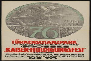 Plakat zum 70. Jubiläum des Kaiser-Huldigungsfestes in Berlin, Deutschland, mit einer Gruppe von Menschen in der Mitte, umgeben von Text und Zahlen im Rahmen.