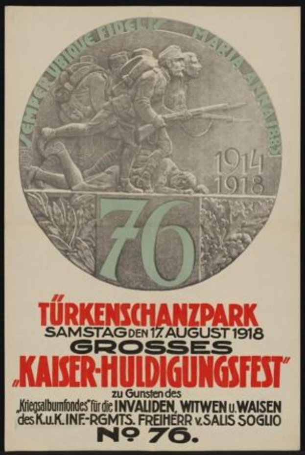 Plakat zum 70. Jubiläum des Kaiser-Huldigungsfestes in Berlin, Deutschland, mit einer Gruppe von Menschen in der Mitte, umgeben von Text und Zahlen im Rahmen.