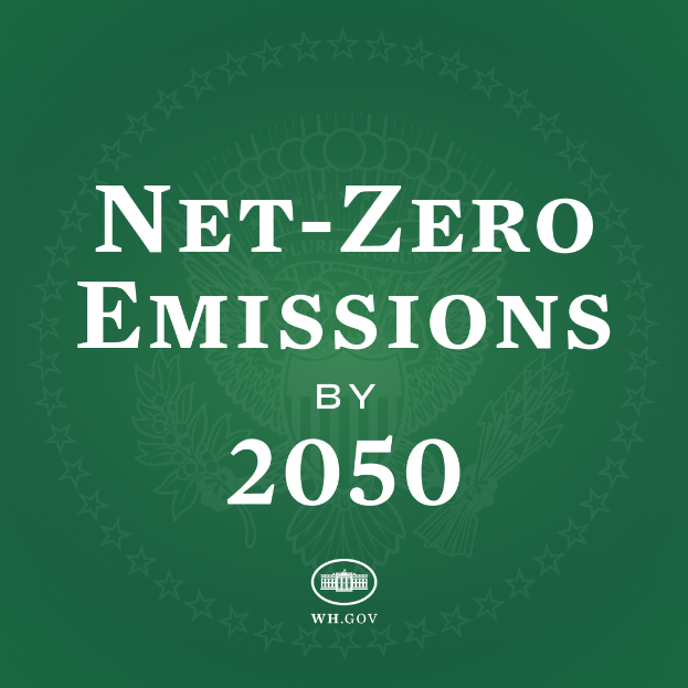 Ein grüner Hintergrund mit der fett geschriebenen weißen Textzeile "net-zero emissions by 2050".