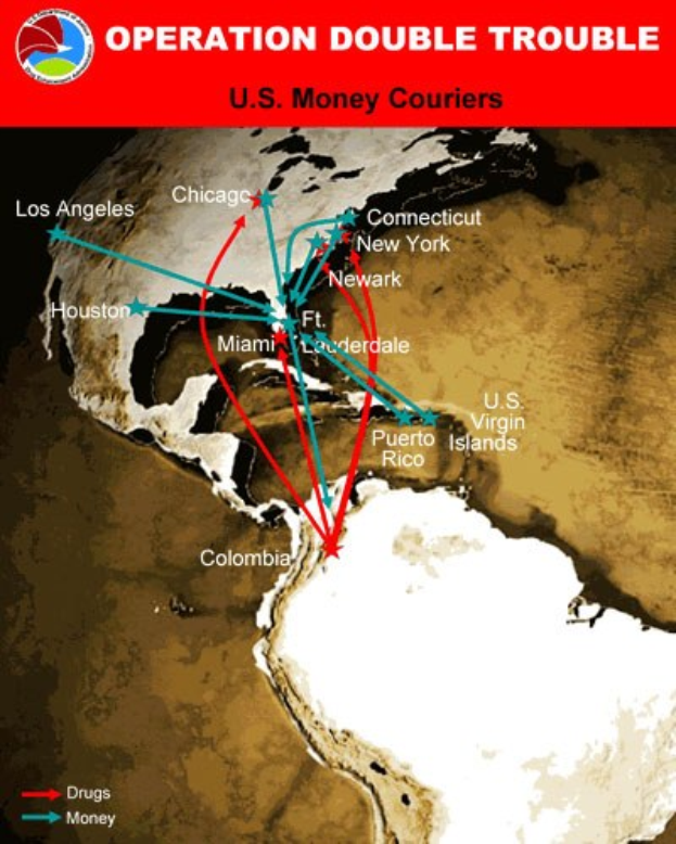 Plakat mit der Aufschrift "Operation Double Trouble: US-Geldkurier" mit einer Karte der USA, die in zwei Abschnitte unterteilt ist: einer zeigt die Routen der US-Geldkurier und der andere zeigt die Standorte der Geldtransportunternehmen, mit fetter schwarzer Schrift auf einem weißen Rand.
