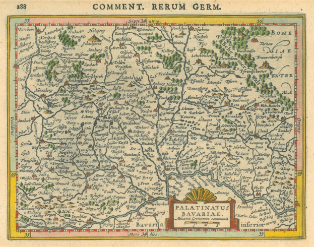 Ein altes Deutschland-Karte, das die Provinzen Pfalz und Bayern hervorhebt, mit beschreibendem Text auf dem Papier.