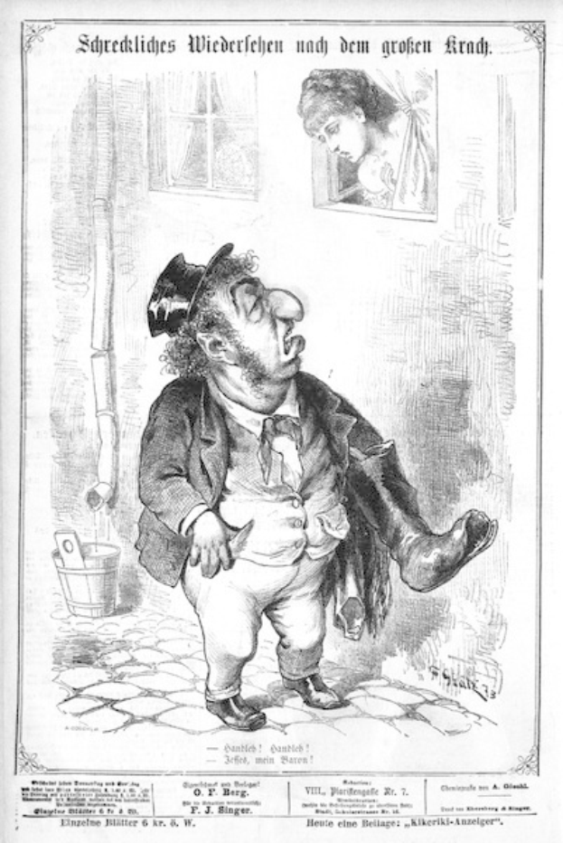 Cartoon eines Mannes mit Zylinder und einer Frau in einem Kleid mit einer Wand, einem Fenster, einem Eimer und anderen Gegenständen im Hintergrund, mit Text unten, der lautet: "F. J. Singer, der erste deutsche Politiker, der in den Kongress gewählt wurde".