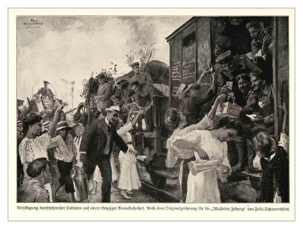 Ein Schwarz-Weiß-Foto zeigt eine Gruppe von Menschen vor einem Zug, einige halten Gegenstände, und Text unten: 'P.K. Schneiderstatt, 1874-1914 - Deutsch - Deutscher Bürgerkrieg'.