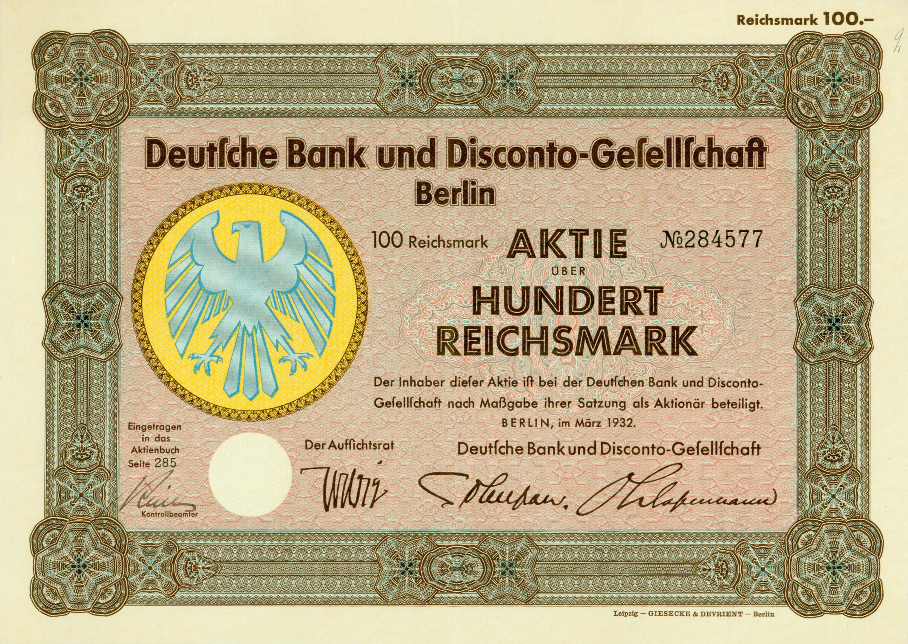 Alte deutsche Banknote mit einem Vogel-Design und dem Text "Deutsche Bank und Disconto-Gesellschaf Berlin".
