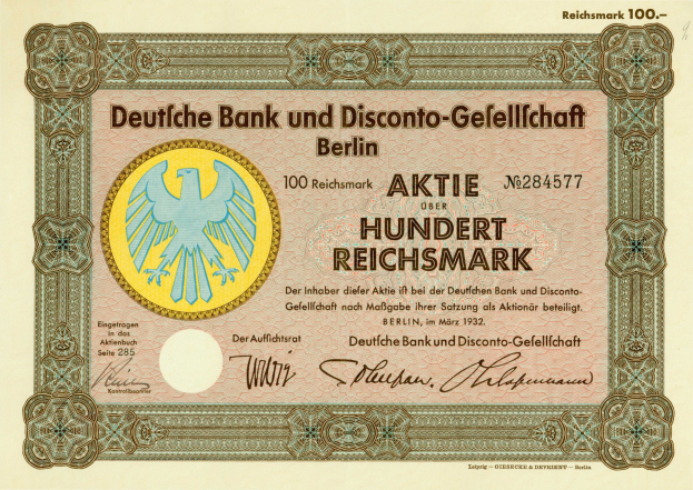 Alte deutsche Banknote mit einem Vogel-Design und dem Text "Deutsche Bank und Disconto-Gesellschaf Berlin".