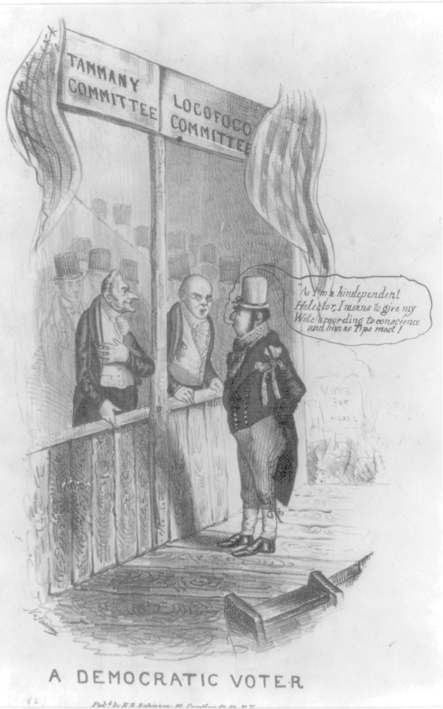 Ein Mann im Anzug steht entschlossen vor einer Tür, die mit "Ein demokratischer Wähler" beschriftet ist.